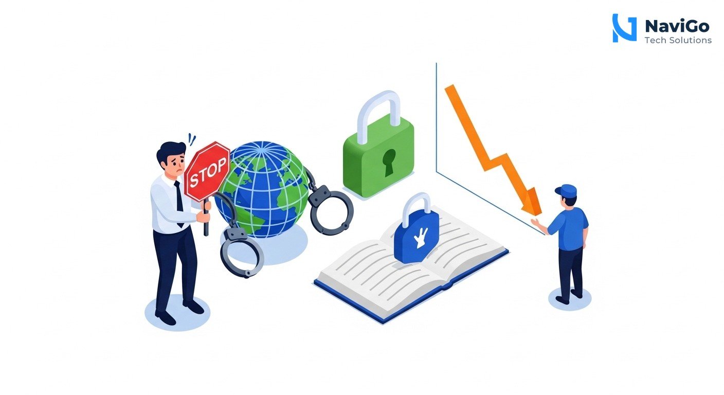 A modern list-based business infographic showing why this topic matters. Left side shows colored circular icons for each point: a red warning icon for 'Sudden Ban Risk', a blue globe icon for 'Sovereignty at Risk', a green open-source icon for 'Open Source Safer', and an orange chart icon for 'Small Business Impact'. Right side shows bold, correctly spelled headers like '1. Sudden Ban Risk', '2. Sovereignty at Risk', '3. Open Source Safer', '4. Small Business Impact', each followed by a very short, clean text description like 'Services can stop without notice' or 'India must own its AI'. All on a clean minimal white background. Premium color scheme of deep navy blue, bright blue, and clean accents.