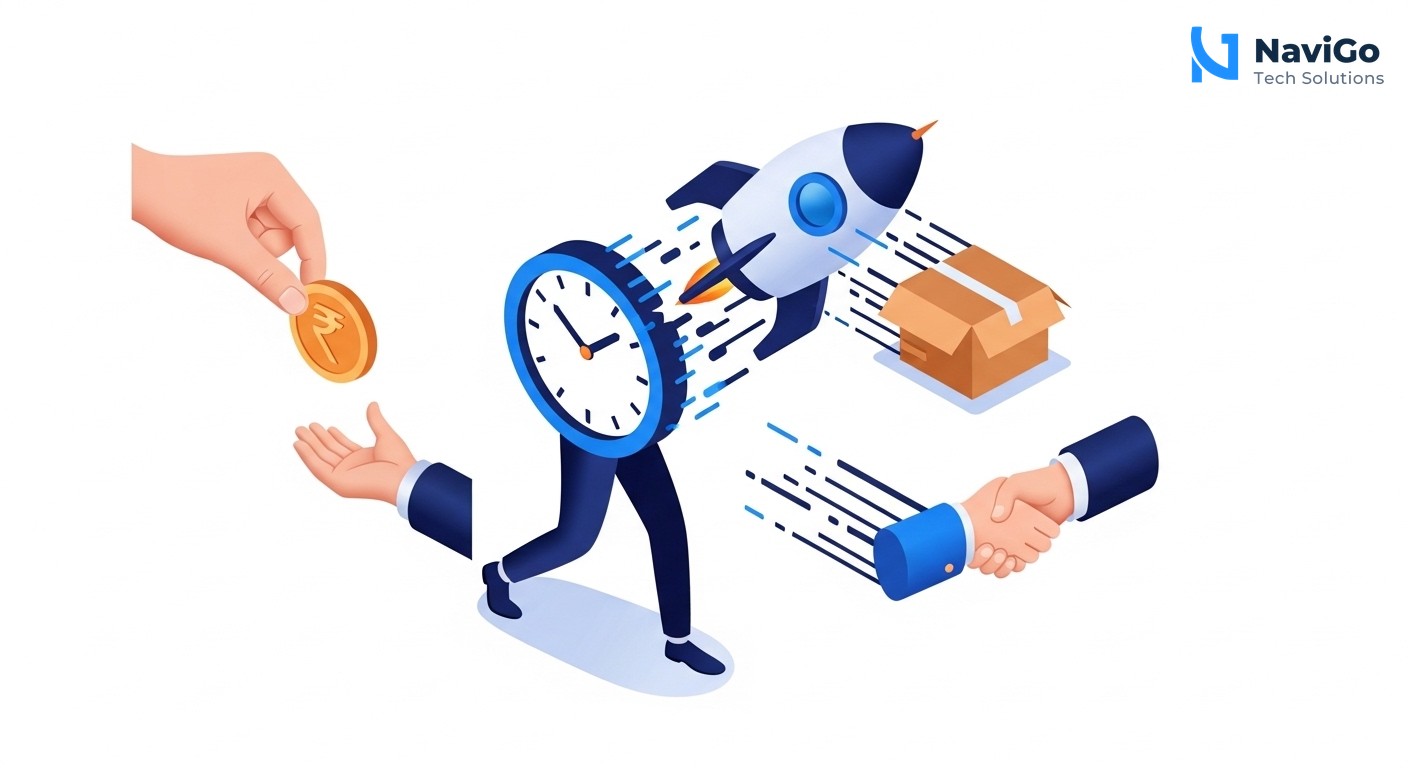 A modern list-based business infographic showing four key benefits of container caching. Left side shows colored circular icons: a rupee icon for 'Cost Savings', a clock icon for 'Faster Jobs', a handshake icon for 'Client Satisfaction', and a rocket icon for 'Easy Start'. Right side shows bold headers like '1. Cost Savings – up to 50%', '2. Faster Jobs – skip download', '3. Client Satisfaction – quicker delivery', '4. Easy Start – no code changes', each with a short clean description. Premium color scheme of deep navy blue, bright blue, and warm yellow. Clean minimal white background with spaced out text.