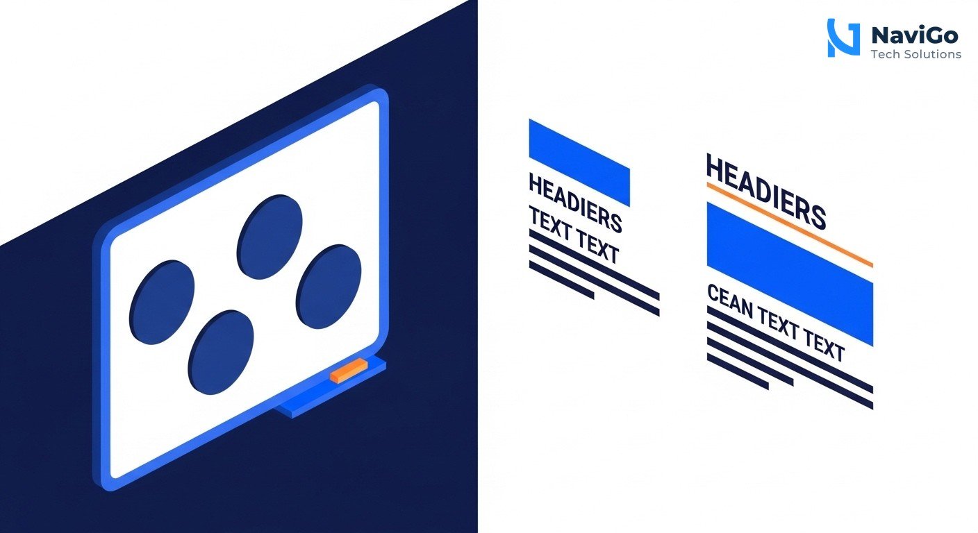 A modern list-based business infographic showing why this topic matters. Left side shows colored circular icons for each point, right side shows a bold, correctly spelled header like '1. Cost Reduction' or '2. High ROI', followed by a very short, clean text description, all on a clean minimal white background. Premium color scheme of deep navy blue, bright blue, and clean accents.