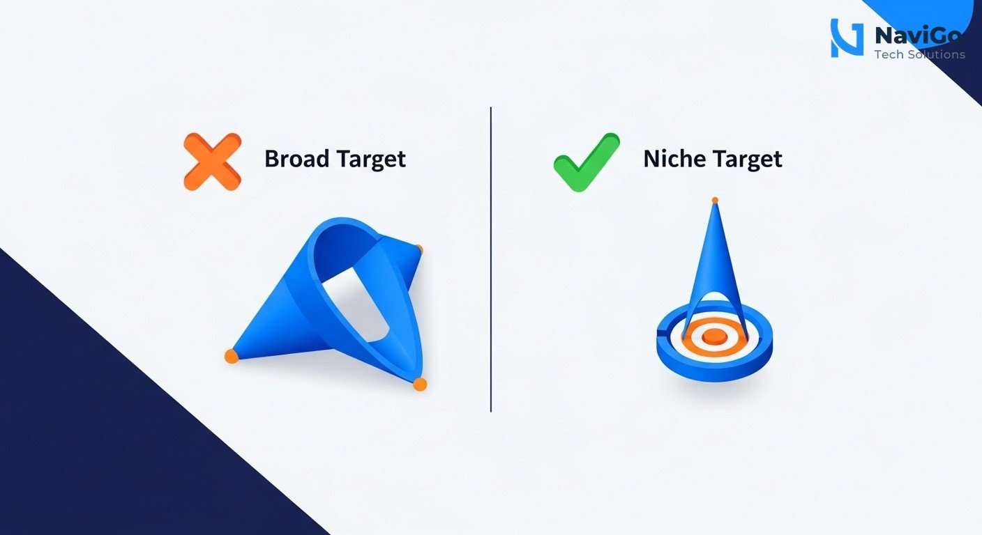 A professional 2-column comparison grid diagram showing Common Mistakes vs Best Practices. Left column has red X icons and correctly spelled labels like 'Broad Target', 'No Landing Page'. Right column has green checkmark icons and labels like 'Niche Target', 'Custom Landing Page'. Minimal modern flat design, highly spaced and legible text, clean white background.