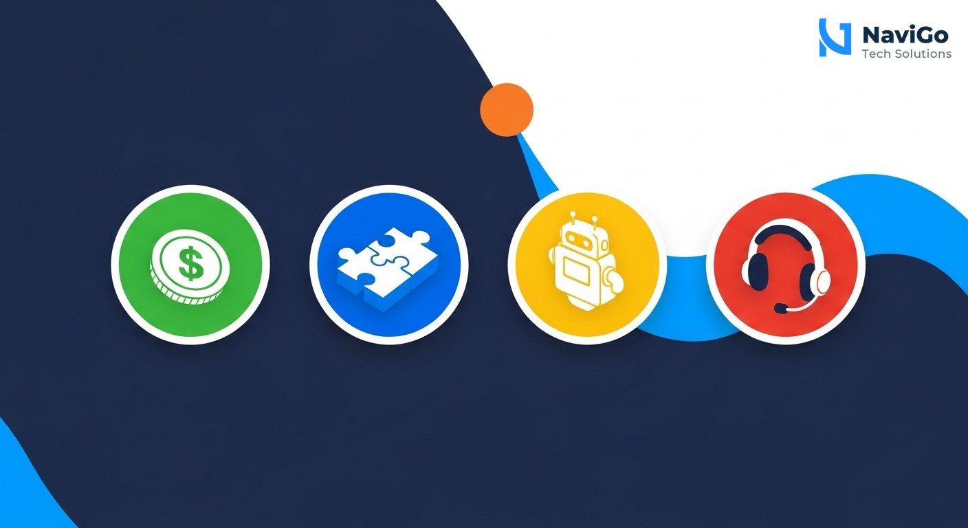 A clean, minimal infographic on a white background showing four key benefits of AWS P-EAGLE. Each benefit is represented by a coloured circular icon: green for 'Low Cost', blue for 'Easy Integration', yellow for 'AI Tools', and red for 'Local Support'. Below each icon is a bold, correctly spelled header in deep navy blue: '1. Low Cost', '2. Easy Integration', '3. AI Tools', '4. Local Support'. Under each header, a short, legible description in black text. The design is highly spaced, with a clean professional layout.