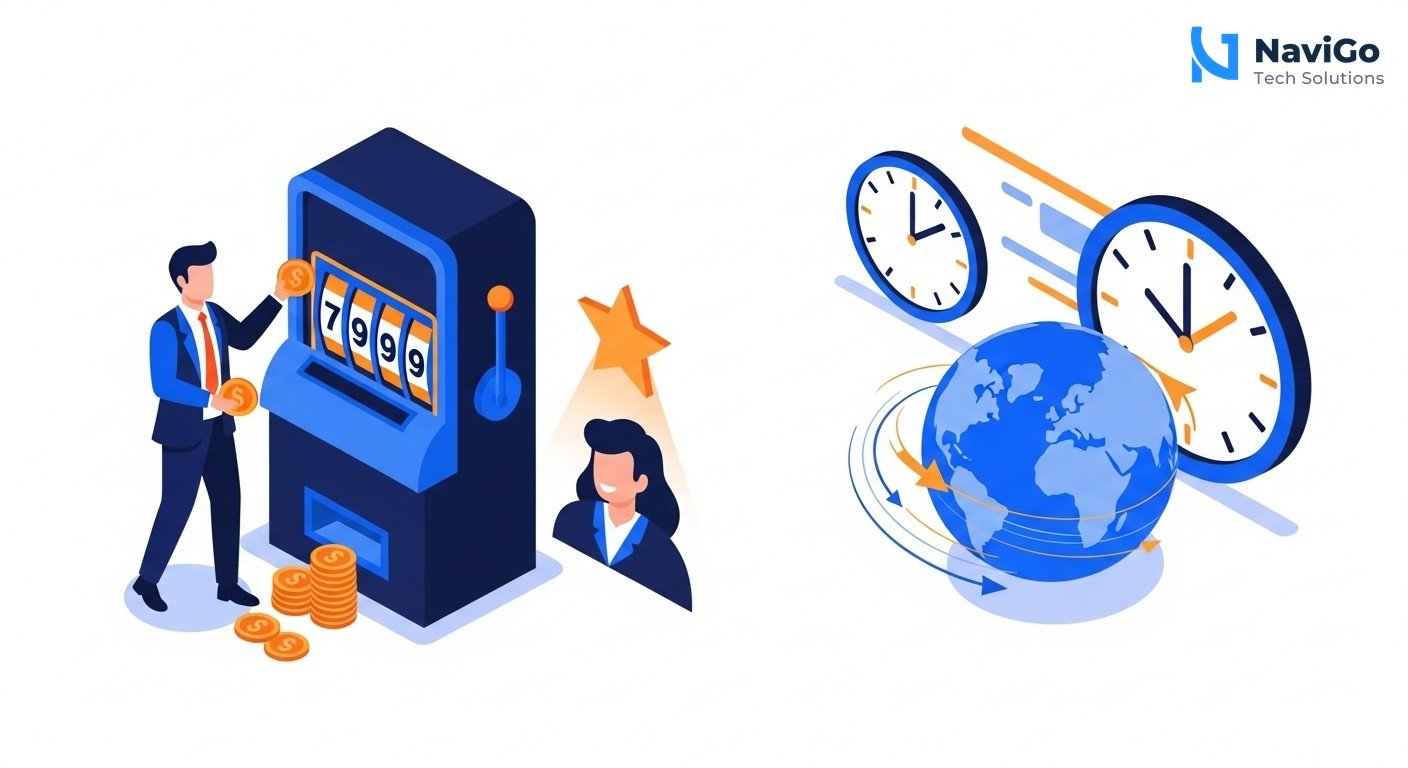 A modern list-based business infographic showing four key benefits of AWS P-EAGLE. Left side shows colored circular icons for each benefit: rupee symbol for cost reduction, star for customer experience, globe for global opportunities, and clock for time savings. Right side shows bold, correctly spelled headers like '1. Cost Reduction' and '2. Customer Experience', each followed by a very short clean text description. Clean minimal white background. Premium color scheme of deep navy blue, bright blue, and warm yellow accent.