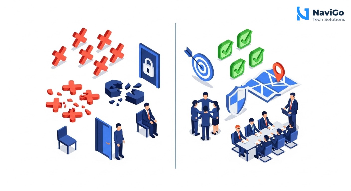 A 2-column comparison grid infographic on a clean white background. Left column has red X icons next to bold headers in red: 'No Clear Goals', 'Poor Security', 'Going Alone', 'Skip Training'. Right column has green checkmark icons next to bold headers in green: 'Clear Goals', 'Strong Security', 'Expert Help', 'Team Training'. Each header is followed by a very short, clean description in black text. The design is minimal, modern, and uses a premium colour scheme of deep navy blue, bright blue, and clean accent colours.
