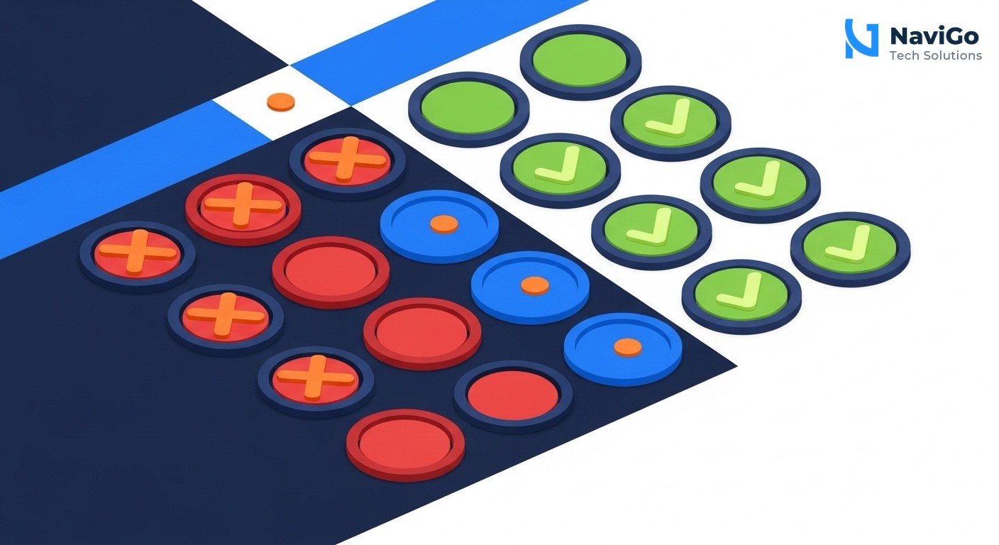 A professional 2-column comparison grid diagram showing Common Mistakes vs Best Practices. Left column has red X icons in circles and correctly spelled labels like 'Dirty Data', 'Full Automation Day 1', 'No Security Setup', 'No Team Training'. Right column has green checkmark icons in circles and labels like 'Clean Data First', 'Start Small, One Dashboard', 'Configure Access Roles', 'Schedule Team Training'. Each label has a short one-line description below. Clean white background, minimal modern flat design, highly spaced and legible text. Deep navy blue for headers, bright blue for best practice icons, warm green for checkmarks, soft red for crosses.