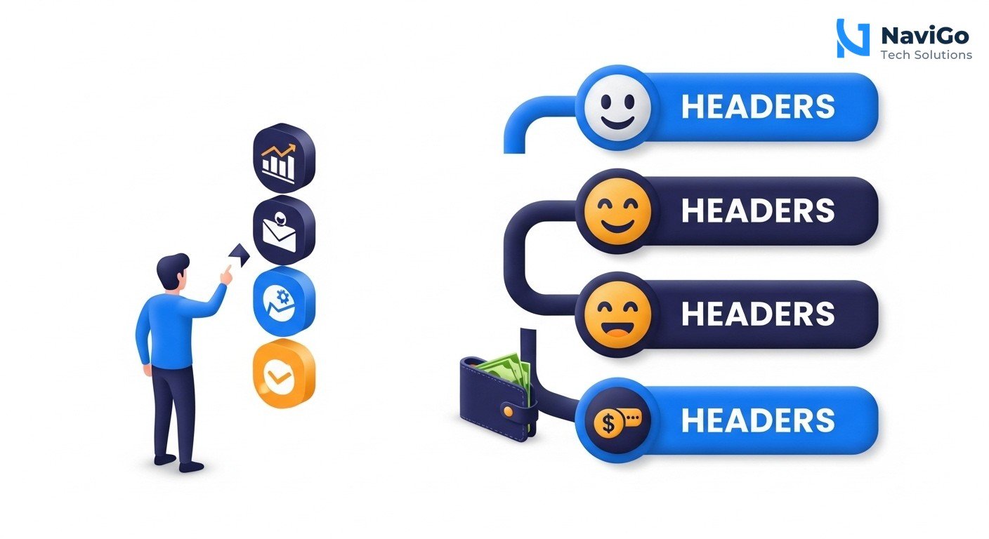 A modern list-based business infographic showing why the intent economy matters. Left side shows four colored circular icons for each point: Shift from Keywords, India's Ad Market, Cost Efficiency, User Acceptance. Right side shows bold, correctly spelled headers like '1. Shift from Keywords', '2. India's Ad Market', '3. Cost Efficiency', '4. User Acceptance', followed by a very short clean text description under each header, all on a clean minimal white background. Premium color scheme of deep navy blue, bright blue, and clean accents like warm yellow.