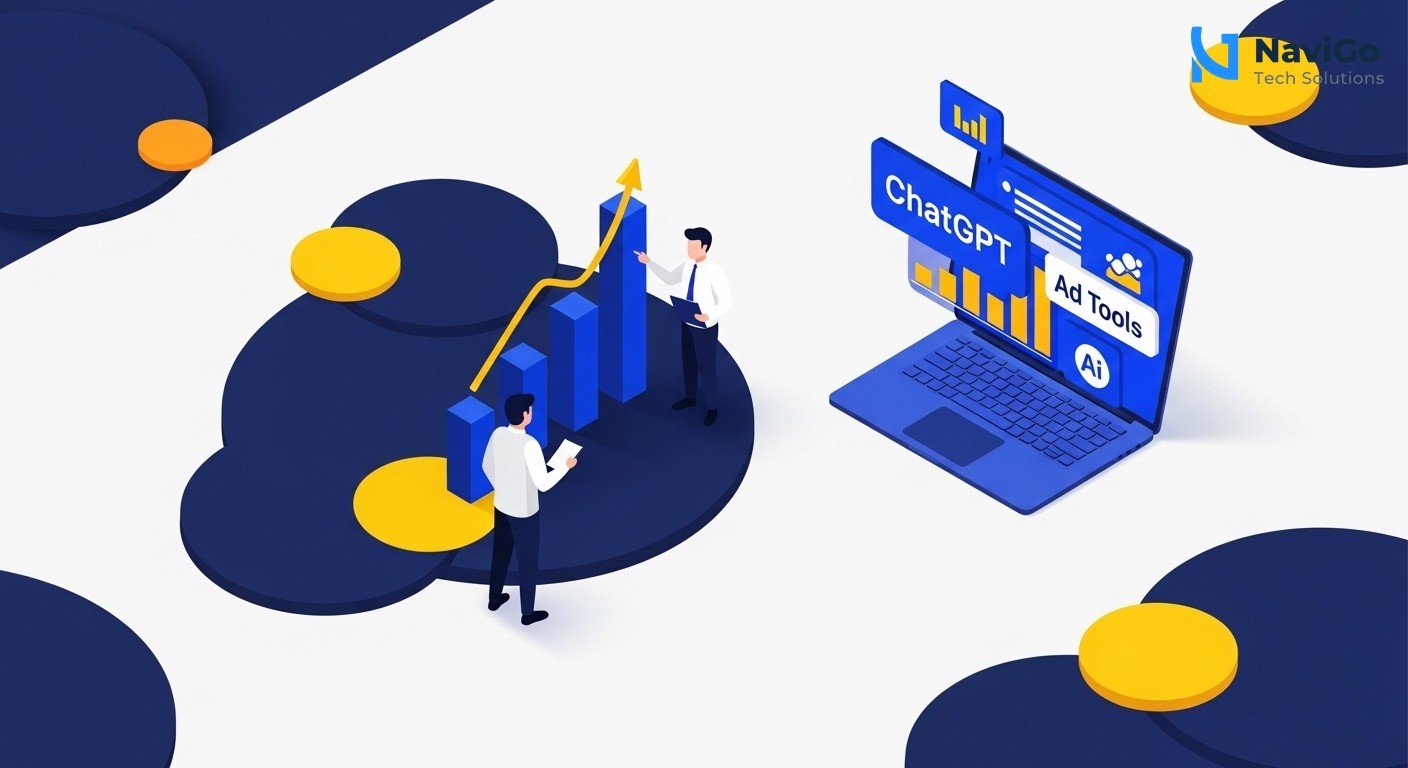 A modern list-based business infographic showing why ChatGPT ads matter. Left side shows colored circular icons in deep navy blue, bright blue, and warm yellow. Right side shows bold, correctly spelled headers like '1. High Intent Audience', '2. Low Competition', '3. Growing India User Base', '4. Simple Setup', each followed by a very short, clean text description on a clean minimal white background. Premium color scheme of deep navy blue, bright blue, and clean accents.