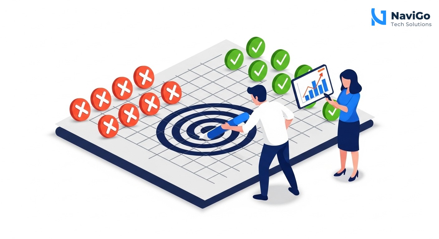 A professional 2-column comparison grid diagram showing Common Mistakes vs Best Practices. Left column has red X icons and correctly spelled labels like 'Broad Target', 'No Landing Page', 'Ignore Mobile', 'Set and Forget'. Right column has green checkmark icons and labels like 'Niche Target', 'Custom Landing Page', 'Mobile Optimised', 'Monitor Weekly'