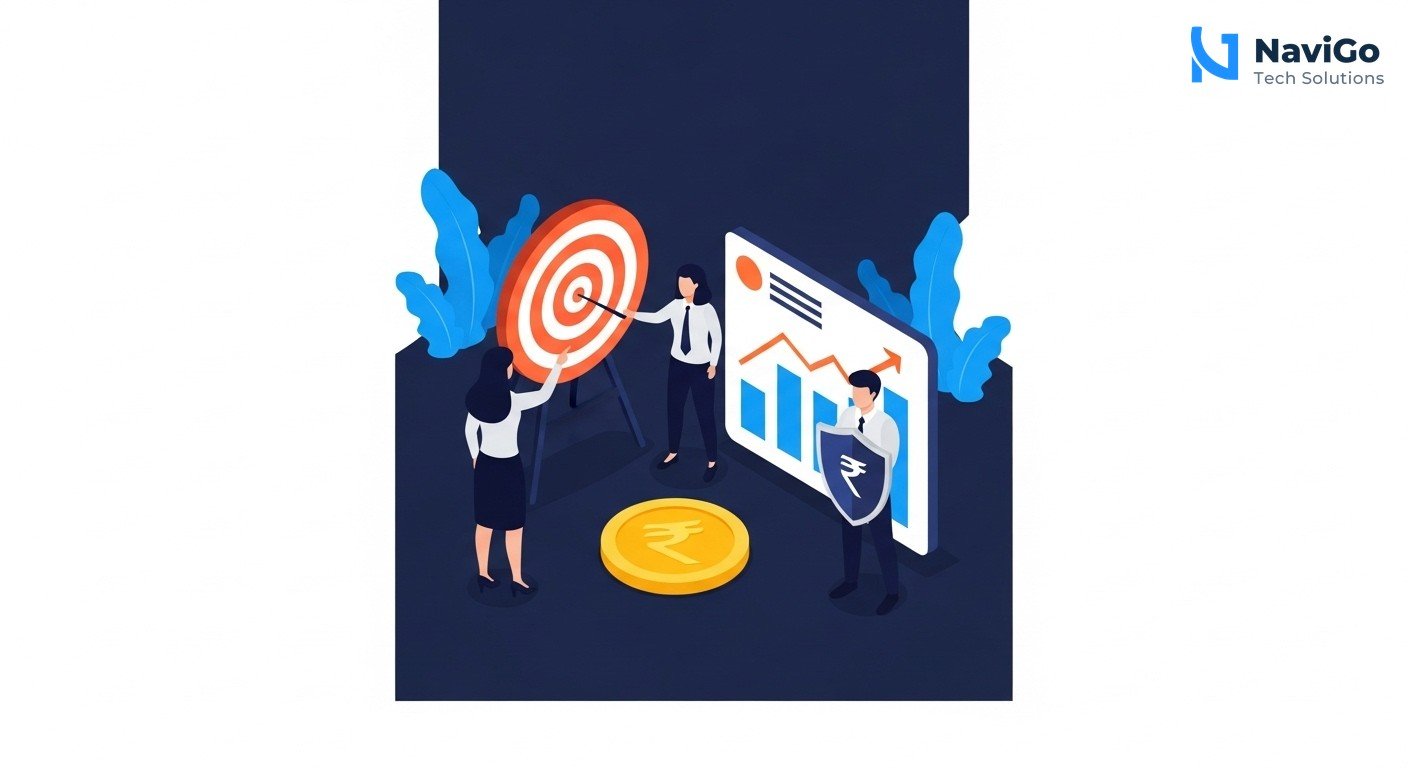 A modern list-based business infographic showing why ChatGPT Ads matter. Left side shows colored circular icons for each point: a target icon for High Intent, a graph icon for Low Competition, a rupee icon for Cost Advantage, and a shield icon for Brand Focus. Right side shows bold, correctly spelled headers like '1. High Intent', '2. Low Competition', '3. Cost Advantage', '4. Brand Focus'. Clean minimal white background. Premium color scheme of deep navy blue, bright blue, and warm yellow accents.