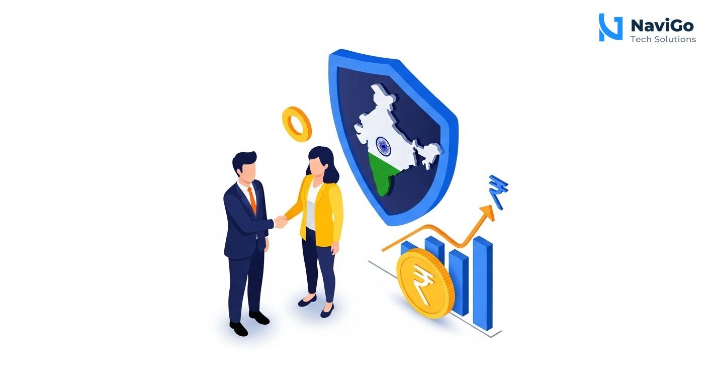 A modern list-based business infographic showing 'Why ChatGPT Enterprise Matters for India 2026'. Left side shows colored circular icons for each point: a shield icon for 'Data Residency', a rupee icon for 'Affordable Plans', a graph icon for 'Business ROI', and a handshake icon for 'Local Partnership'. Right side shows bold headers like '1. Data Stays in India', '2. Plans from ₹400/month', '3. Real Time Savings', '4. Tata & Reliance Support'. Below each header a very short clean text description in simple English. Premium color scheme of deep navy blue, bright blue, and clean yellow accent. Clean minimal white background.