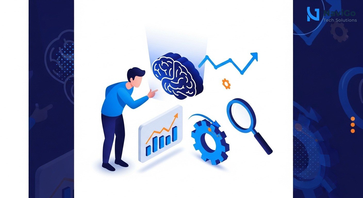 A modern list-based business infographic showing why getting indexed by ChatGPT matters in 2026. Left side shows four colored circular icons: a magnifying glass for '1. Primary Search Tool', a gear for '2. Google Gatekeeper', a rising graph for '3. Indian Audiences', and a brain for '4. AI vs SEO'. On the right side of each row, a bold header in deep navy blue, followed by a short clean description in bright blue text. Minimal white background, premium color scheme of deep navy blue, bright blue, and warm yellow accents.