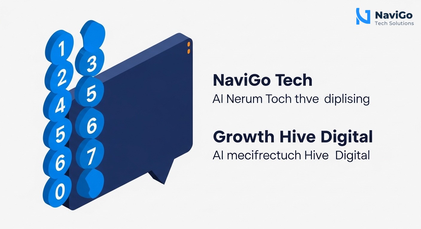A modern list-based business infographic titled 'Top 10 Digital Marketing Agencies in Chennai for Startups 2026'. Left side shows coloured circular numbered icons from 1 to 10. Right side shows bold headings like '1. NaviGo Tech Solutions', '2. Growth Hive Digital', and a very short one-line description next to each, such as 'AI-driven marketing with clear reporting'. Clean white background, premium navy blue and bright blue colour scheme with warm yellow accent for icons. Text is highly legible with bold professional typography.