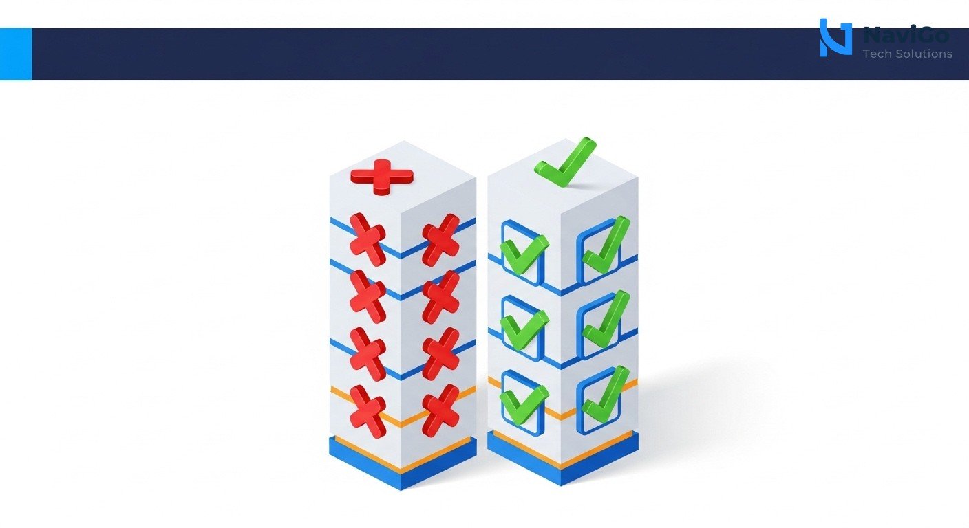 A professional 2-column comparison grid infographic titled 'Common Mistakes vs Best Practices'. Left column has red X icons with labels like 'Picking by price only', 'No startup experience check', 'Expecting instant results', 'Ignoring localisation'. Right column has green checkmark icons with labels like 'Value-based selection', 'Review startup case studies', 'Set realistic timelines', 'Localised content strategy'. Minimal clean white background, deep navy blue header, bright blue and warm yellow accents. Text is spaced out, highly legible, bold professional typography.