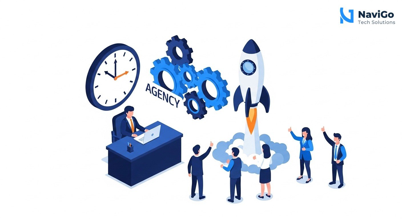 A simple four-step process infographic on a clean white background. Step 1: 'You Focus on Business' with a clock icon. Step 2: 'Agency Handles Strategy' with a gear icon. Step 3: 'Ads Run on Autopilot' with a rocket icon. Step 4: 'Leads Come to You' with a thumbs up icon. Premium colour scheme of deep navy blue, bright blue, and warm yellow accent. Correctly spelled labels only.