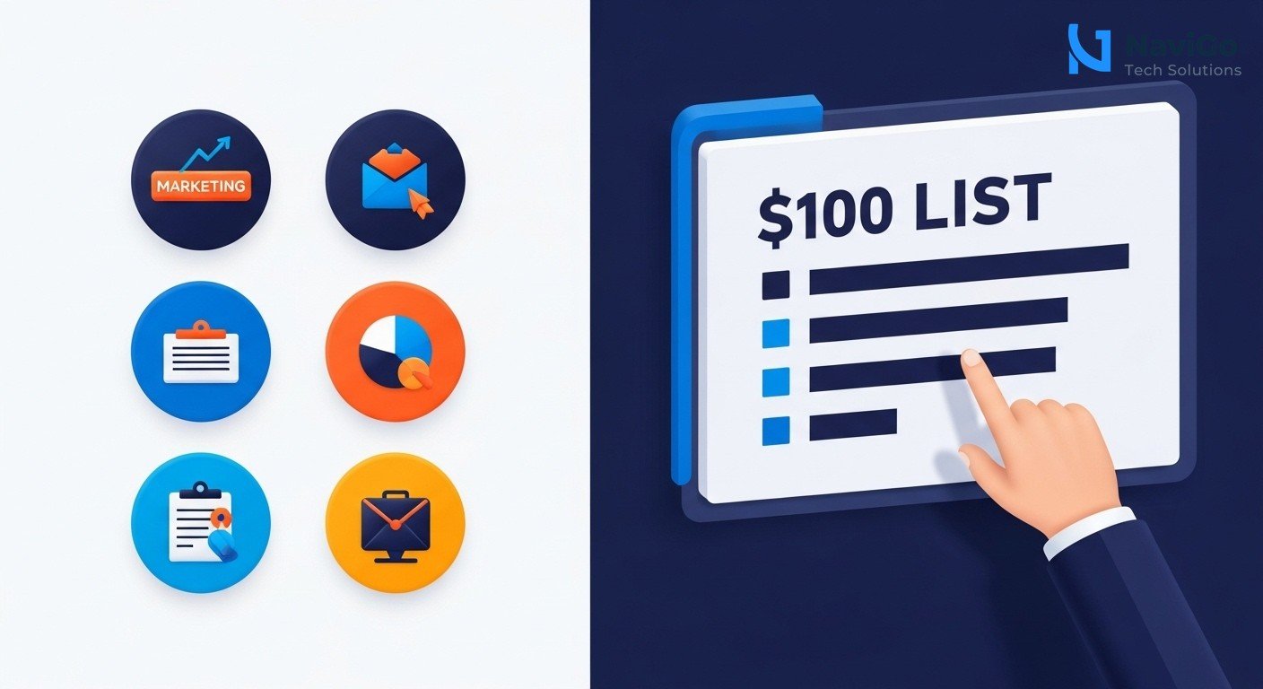 A modern list-based business infographic showing why digital marketing costs matter. Left side shows coloured circular icons for each channel (SEO, Google Ads, Meta Ads, Social Media, Content, Email). Right side shows a bold, correctly spelled header like '1. SEO: ₹8,000–₹40,000/mo' or '2. Google Ads: ₹12,000–₹30,000+ fee', followed by a very short, clean text description like 'Long-term organic growth' or 'Immediate traffic, quick ROI'. All on a clean minimal white background. Premium colour scheme of deep navy blue, bright blue, and clean accents.