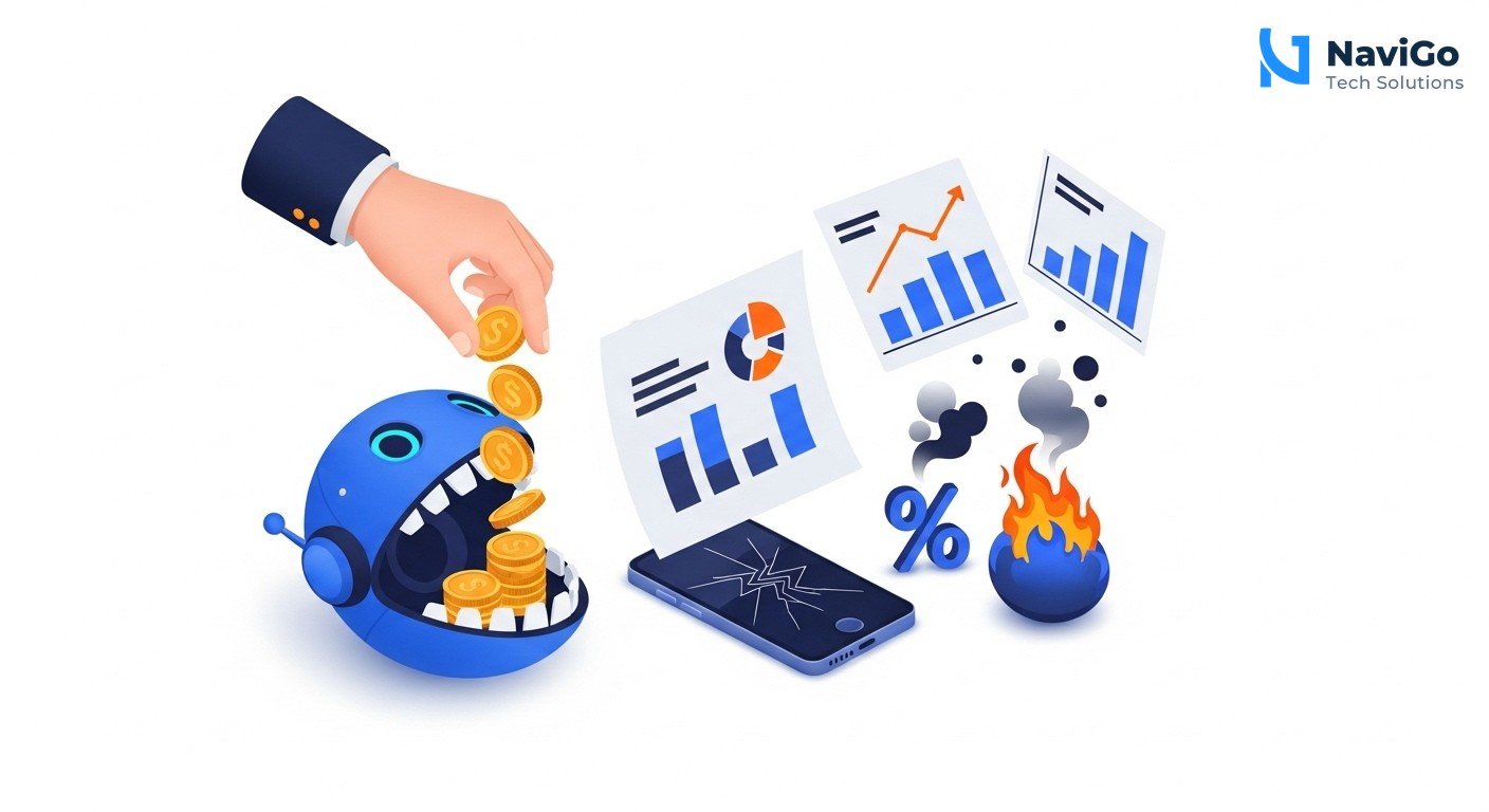 A modern list-based business infographic showing why fake AI traffic matters. Left side shows colored circular icons for each point: a money bag icon for 'Wastes Ad Budget', a mobile phone icon for 'Distorts Device Data', a percentage symbol icon for 'Hides Conversion Rate', and a graph icon for 'Pollutes AI Metrics'. Right side of each row shows a bold, correctly spelled header like '1. Wastes Ad Budget', followed by a very short clean text description like 'Bots inflate CPC and mislead bidding algorithms'. All on a clean minimal white background. Premium color scheme of deep navy blue, bright blue, and clean accents.