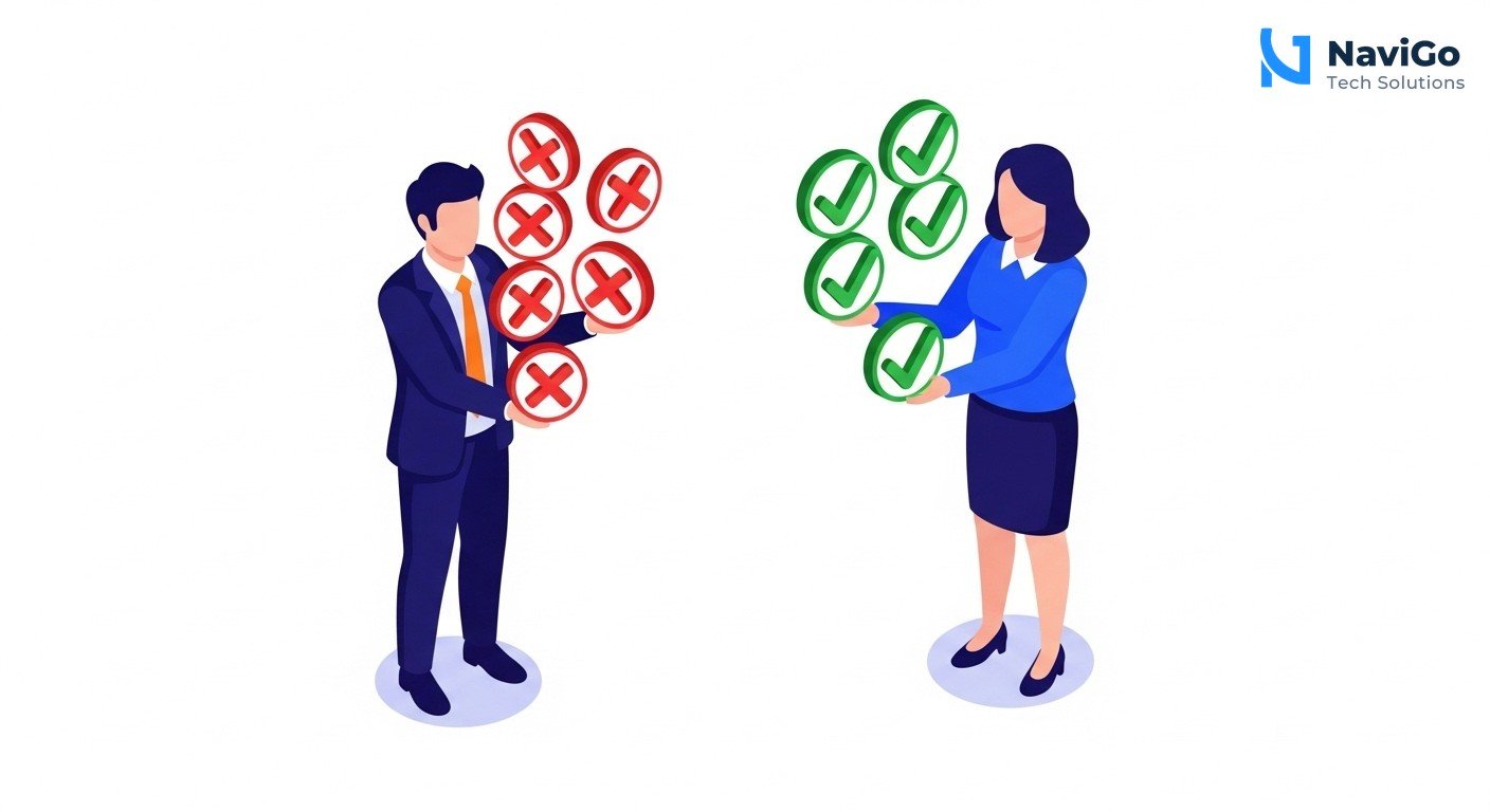 A professional 2-column comparison grid diagram showing Common Mistakes vs Best Practices. Left column has red X icons and correctly spelled labels like 'Only Built-in Filter', 'Block Too Much', 'Ignore Google Ads', 'No Team Training'. Right column has green checkmark icons and labels like 'Custom Segment', 'Keep Unfiltered View', 'Reimport Conversions', 'Train Your Team'. Each row has a very short clean text description under the label, like 'Stops known bots only' vs 'Stops spoofed AI bots'. Minimal modern flat design, highly spaced and legible text, clean white background.