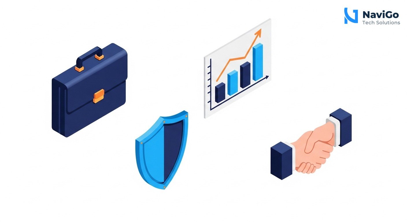 A modern list-based business infographic showing 4 reasons why ChatGPT indexing matters. Left side has colored circular icons in navy blue and bright blue for each point. Right side shows bold headers like '1. Search Shift', '2. Competitor Edge', '3. Gov Support', '4. Warm Leads' followed by a short clean text description each. A warm yellow accent icon sits at the bottom. Clean minimal white background with premium professional typography.