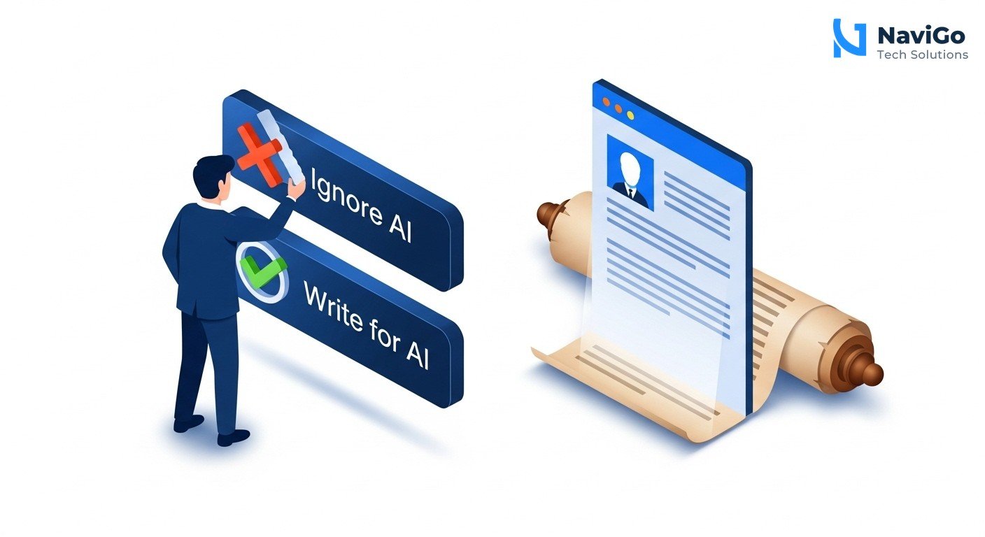 A professional 2-column comparison grid diagram showing Common Mistakes vs Best Practices. Left column has red X icons and labels like 'Ignore AI', 'Old Content', 'Generic English', 'No Authority'. Right column has green checkmark icons and labels like 'Write for AI', 'Update Regularly', 'Use Local Context', 'Build Trust Signals'. Each row has a very short text description. Minimal modern flat design, highly spaced and legible text, clean white background with navy blue and bright blue accent colors.
