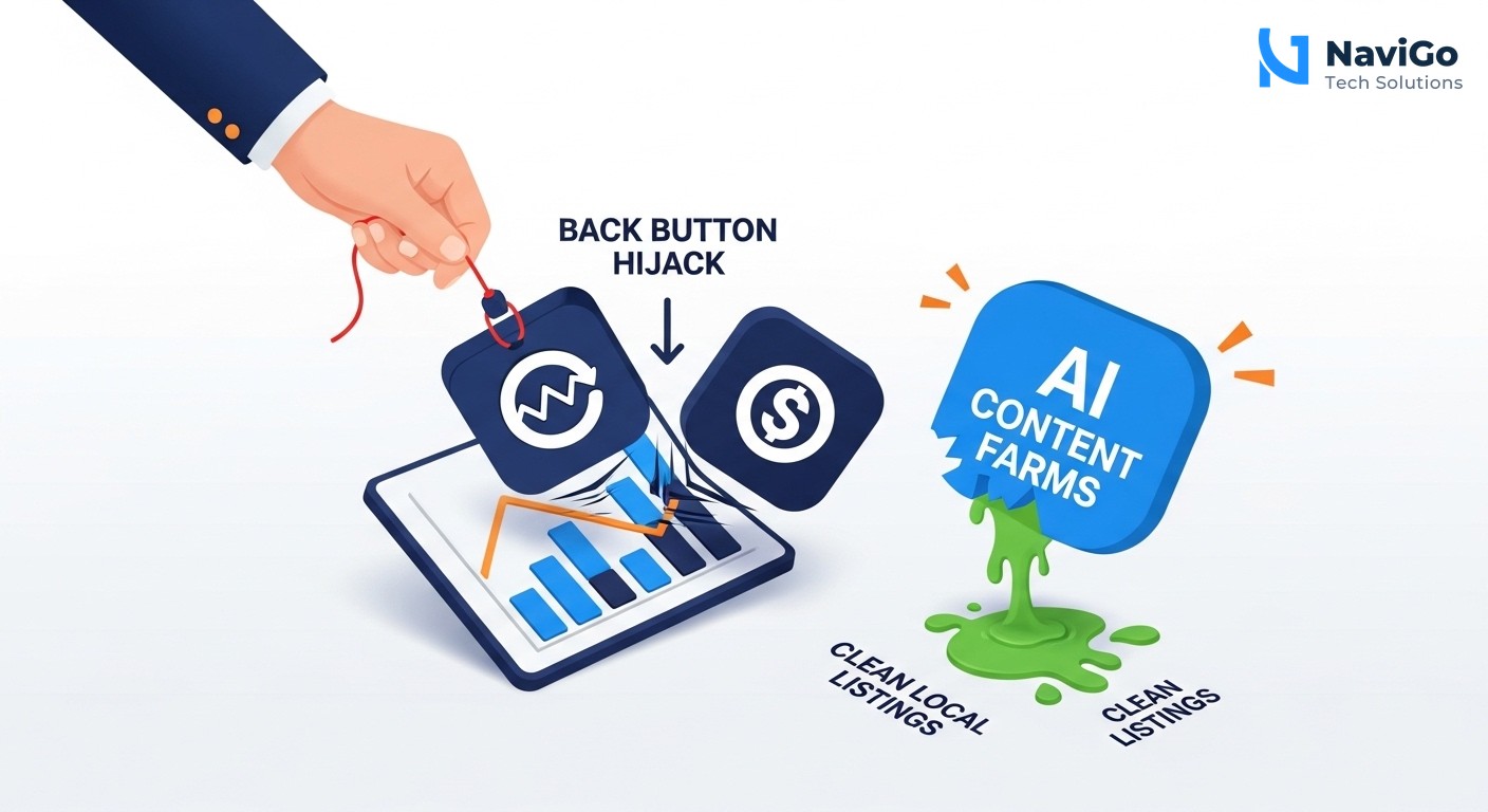 A modern list-based business infographic showing why this update matters. Left side shows colored circular icons for each point: a red icon for 'Back Button Hijack', a yellow icon for 'AI Content Farms', a green icon for 'Clean Local Listings', and a blue icon for 'User Experience'. Right side shows bold, correctly spelled headers like '1. Risk of Penalty', '2. Ranking Drop', '3. Better Visibility', '4. Trust Signal', each followed by a very short, clean text description, all on a clean minimal white background. Premium color scheme of deep navy blue, bright blue, and clean accents.