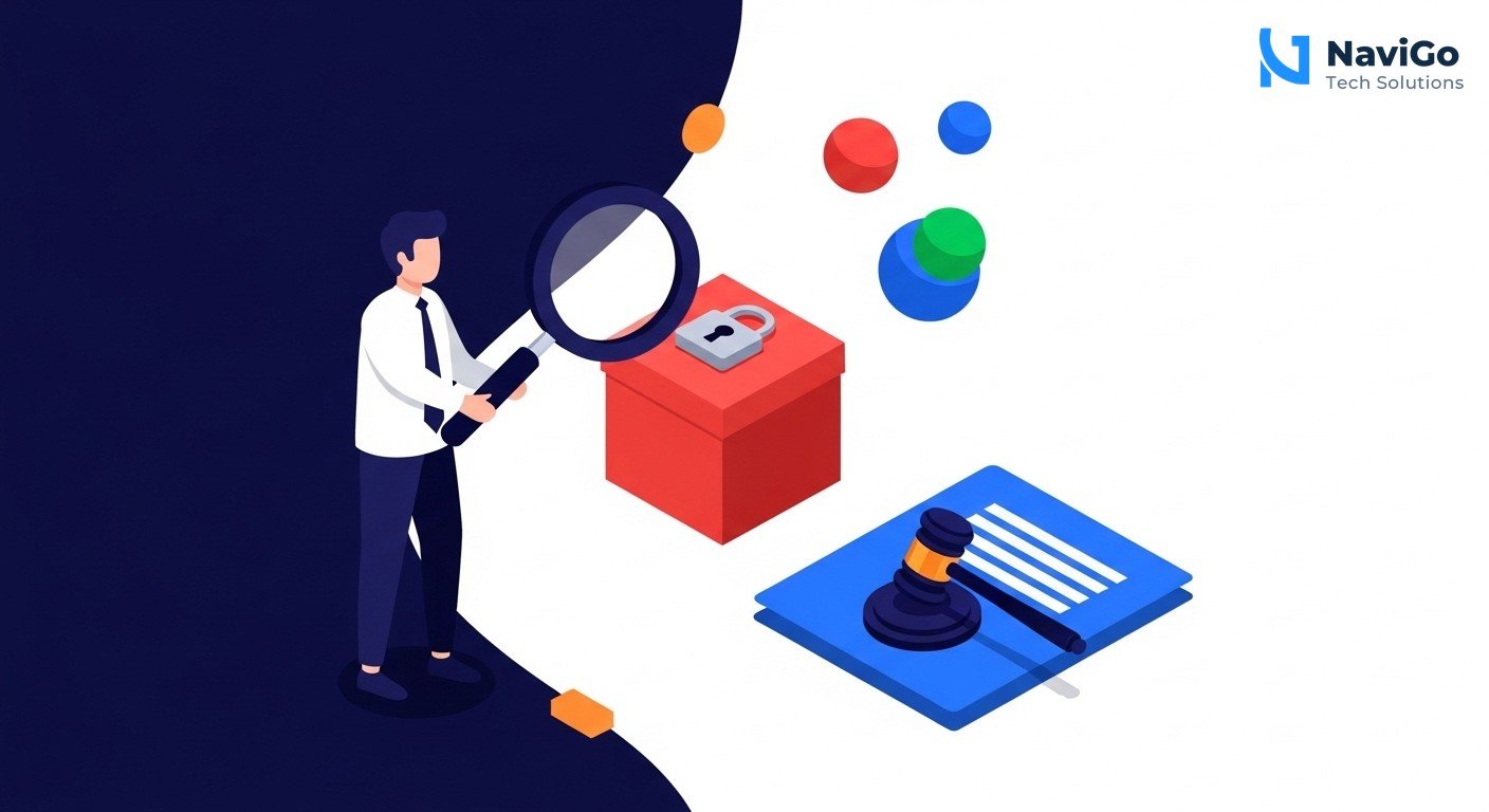 A modern list-based business infographic showing the reasons why Google must notify before ranking changes in India. Left side shows three coloured circular icons for each reason: 1. Lack of Transparency (red icon), 2. Information Gain Rule (blue icon), 3. Hyper-Local Shift (green icon). Right side shows a bold, correctly spelled header for each point followed by a very short, clean text description. Clean minimal white background. Premium colour scheme of deep navy blue, bright blue, and clean accent colours.
