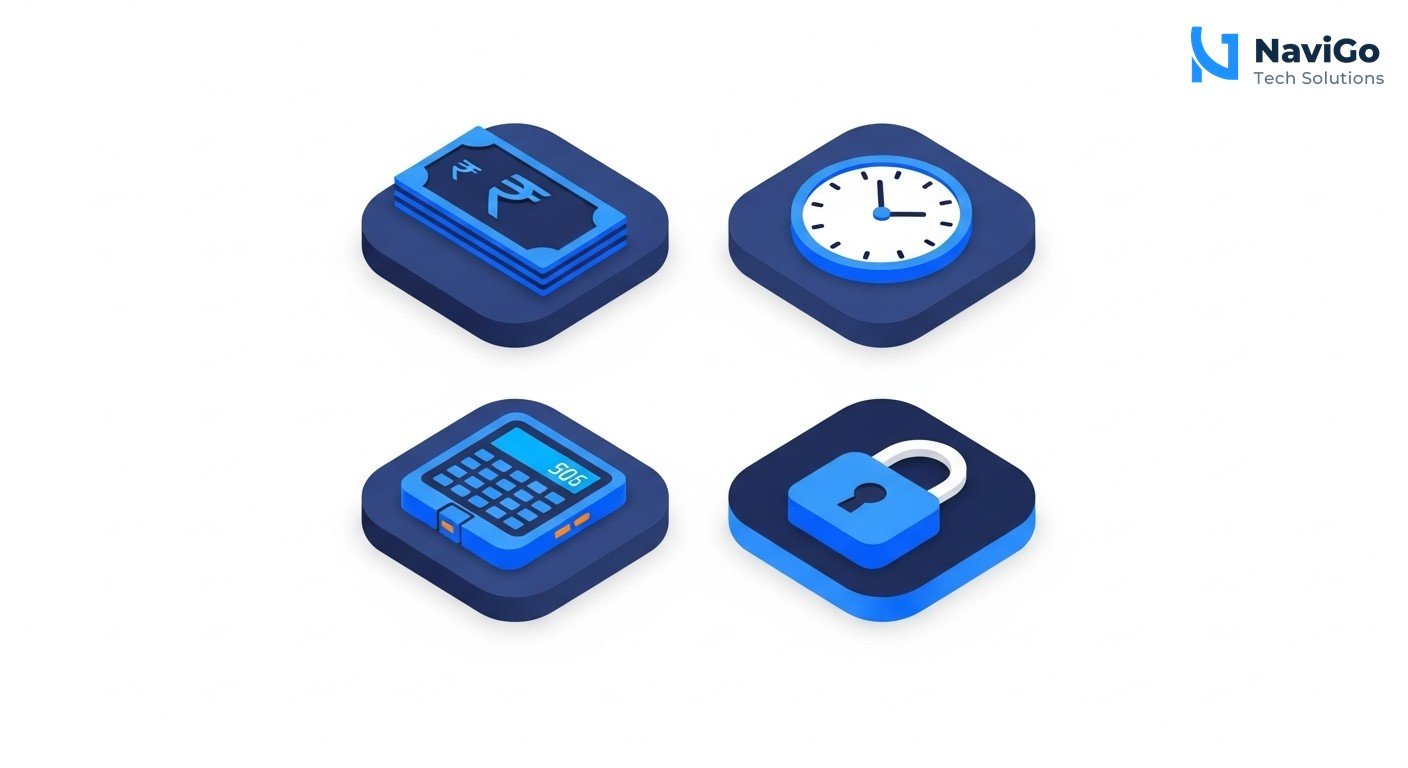 A modern infographic showing four key benefits of Hugging Face vLLM for Indian startups. Each benefit is inside a clean rounded rectangle with a colored icon at the top. Benefit 1: 'Cost Savings' with a rupee symbol icon. Benefit 2: 'Speed' with a clock icon. Benefit 3: 'Simplicity' with a single-line terminal icon. Benefit 4: 'Control' with a lock icon. Clean minimal white background, deep navy blue text headers, bright blue and yellow accent icons. Highly legible bold text with short descriptions below each header. Spaced out evenly in a two-by-two grid.