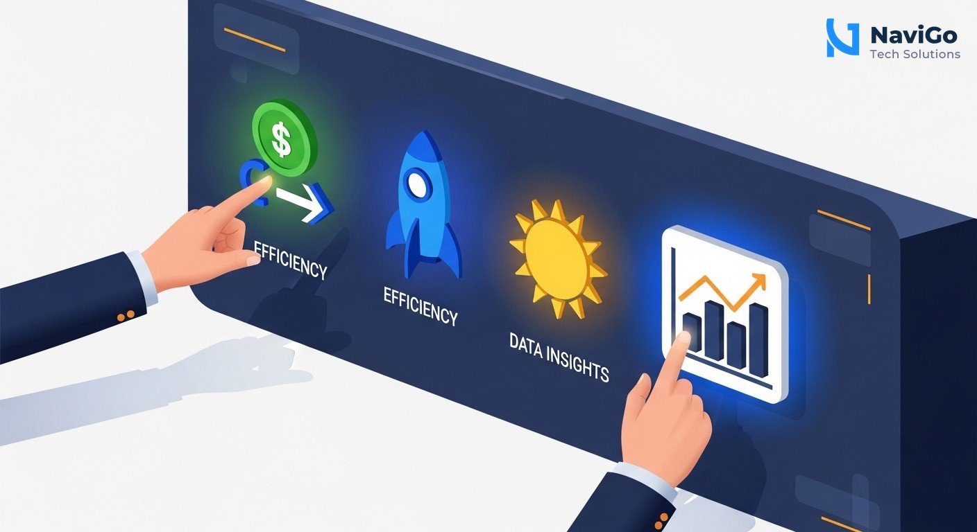 A modern list-based business infographic showing why Indian business automation matters in 2026. Left side shows four colored circular icons. 1. Cost Reduction (green icon) 2. Speed & Efficiency (blue icon) 3. 24/7 Availability (yellow icon) 4. Data Driven Decisions (navy icon). Right side shows bold headers like '1. Cost Reduction' followed by 'Rising wages, lower overheads' then a short text 'AI agents reduce labour costs by up to 40%'. Clean minimal white background, premium deep navy and bright blue color scheme.