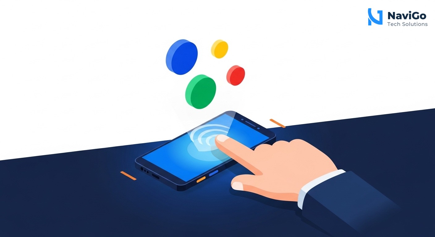 A clean, modern infographic showing a vertical list of four key benefits of Google Business Profile optimisation. Each row has a colored circular icon on the left (blue, green, yellow, red) and a bold header on the right: '1. More Visibility', '2. Higher Click-Through', '3. Trust Signals', '4. Free Traffic'. Below each header is a short, legible label. Minimal white background, premium navy blue and bright blue accents with warm yellow for positive indicators.