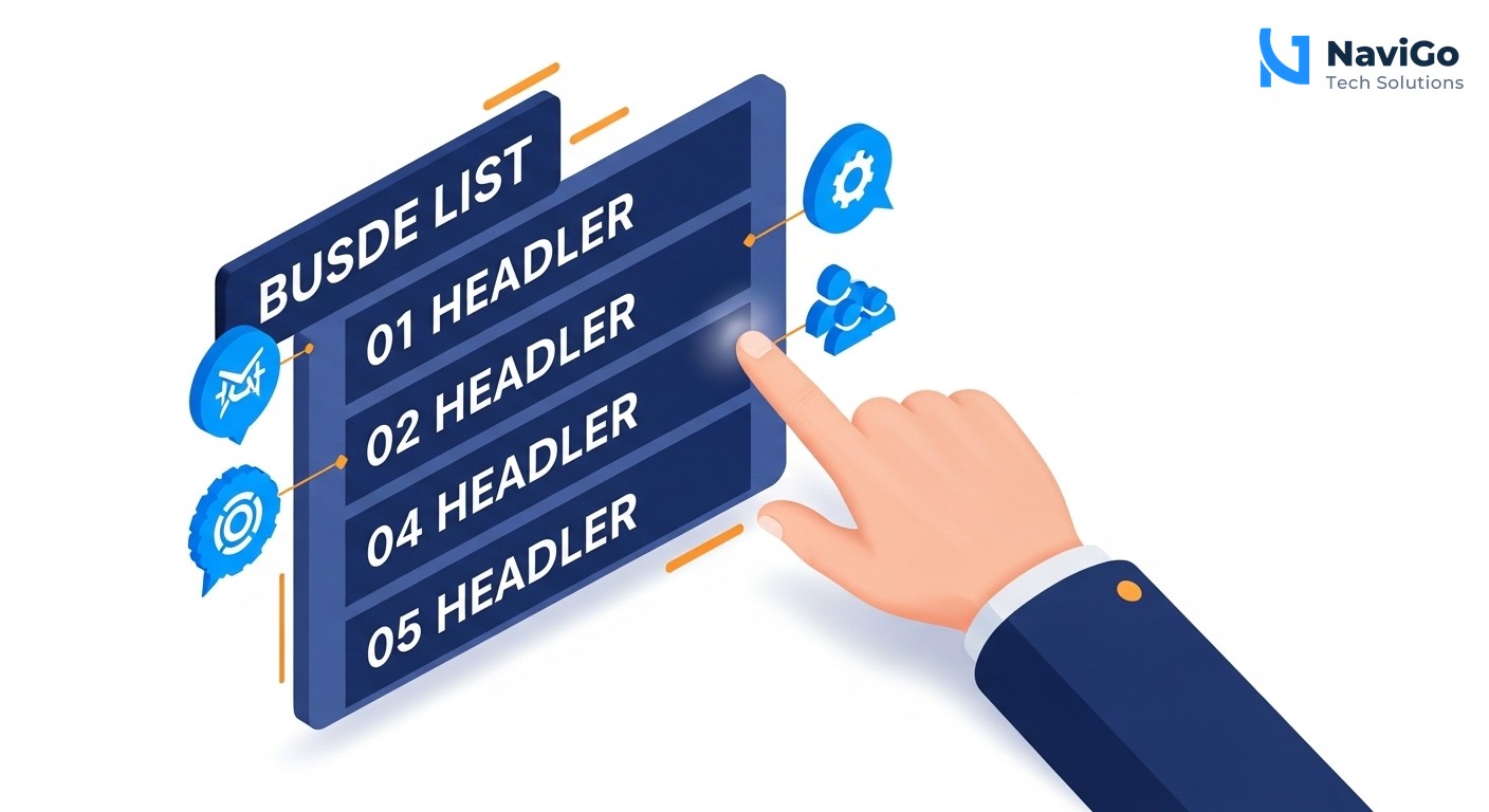 A modern list-based business infographic showing why this topic matters. Left side shows colored circular icons for each point, right side shows a bold, correctly spelled header like '1. Cost Reduction' or '2. High ROI', followed by a very short, clean text description, all on a clean minimal white background. Premium color scheme of deep navy blue, bright blue, and clean accents.