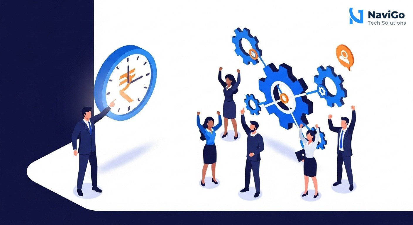 A modern list-based business infographic showing 4 key reasons 'Why AI Agents Matter in 2026'. Left side shows colored circular icons for each point: a rupee icon for Cost Reduction, a clock icon for Time Savings, a people icon for Non-Technical Teams, and a network icon for India Infrastructure. Right side shows bold headers like '1. Cost Reduction', '2. Time Savings', '3. Non-Technical Innovation', '4. India Infrastructure', each with a very short clean text description. Clean minimal white background, premium color scheme of deep navy blue, bright blue, and warm yellow accents.