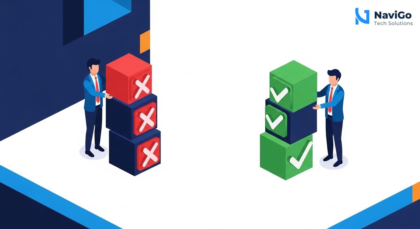 A professional 2-column comparison grid diagram showing Common Mistakes vs Best Practices. Left column has red X icons and correctly spelled labels like 'Expect Perfection Day 1', 'Ignore Security Rules', 'Automate Everything', 'Skip Training'. Right column has green checkmark icons and labels like 'Start Small and Test', 'Use Enterprise Security', 'Focus on One Workflow', 'Train Your Team'. Each row has a short clean description. Minimal modern flat design, highly spaced and legible text, clean white background, premium color scheme of deep navy blue, bright blue, and green accents.