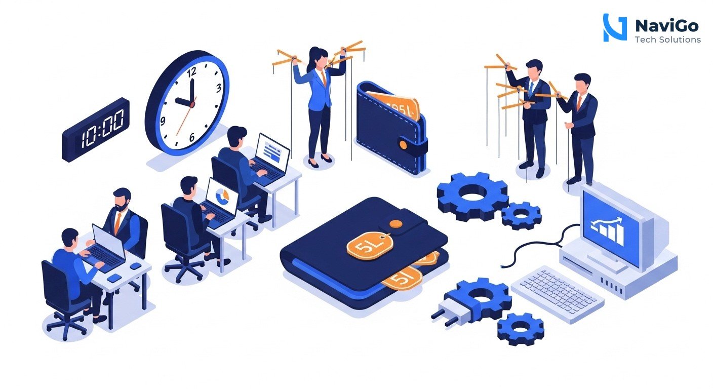 A clean list style infographic titled 'Why Indian Teams Switch to AI Agents in 2026'. Left side shows colored circular icons for each point with numbers 1 to 4. Right side shows bold headers: '1. Saves 11 Hours per Week', '2. Output of 6 People with 2 Staff', '3. Low Pilot Cost Under 5 Lakh', '4. Works with Legacy Systems via API'. Below each header is a short single line bold text description. Premium color scheme: deep navy blue, bright blue, and warm yellow accents. Minimal white background with professional typography.