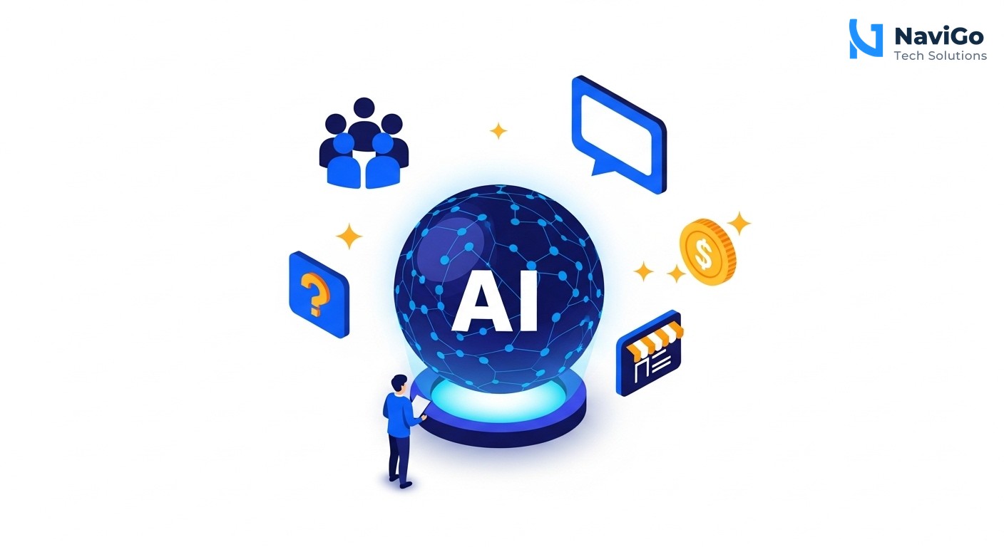 A modern list-based business infographic showing why ranking in AI search results matters in 2026. Left side shows coloured circular icons for each of four points: 900M ChatGPT users, 93% zero-click queries, 4.4x conversion rate, 90% invisible SMEs. The icons use deep navy blue, bright blue, and warm yellow accents on a clean white background. Each point has a bold correctly spelled header like '1. Massive Audience' followed by a very short clean text description. Minimal modern flat design with high-contrast professional typography.