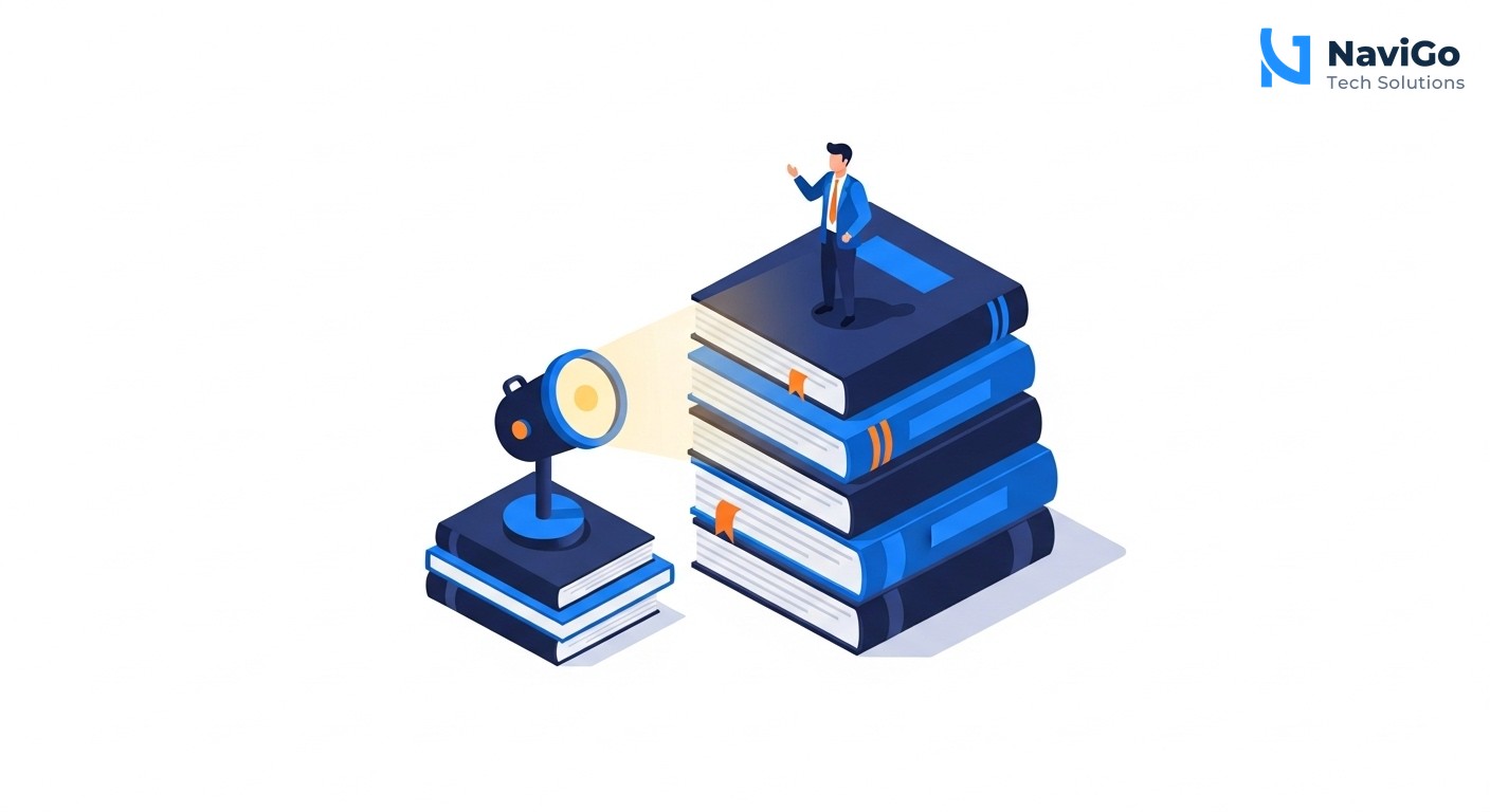 A clean white infographic with a vertical flow chart titled 'Why Long Content Wins in 2026'. Left side shows 4 numbered circles in deep navy blue (1. AI Search, 2. User Intent, 3. Authority, 4. Backlinks). Each circle connects to a bold header on the right side: '1. AI Prefers Depth', '2. Covers All Questions', '3. Builds Trust Faster', '4. Earns More Links'. Below each header is a short one-line description in simple text. Premium navy and bright blue color scheme, clean spaced layout.