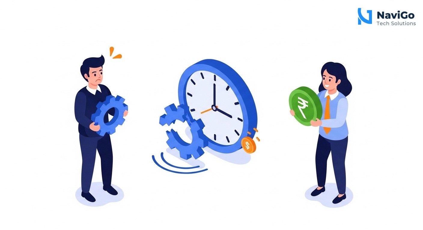 A modern list-based business infographic showing why AI troubleshooting matters. Left side shows four colored circular icons for each point: red cross for customer frustration, orange clock for slow debugging, blue gear for complex agents, green rupee for cost savings. Right side shows bold headers like '1. Lose Customers', '2. Waste Time', '3. Broken Workflows', '4. High Costs' with very short clean text descriptions. Premium color scheme: deep navy blue, bright blue, warm yellow accents. Clean minimal white background.
