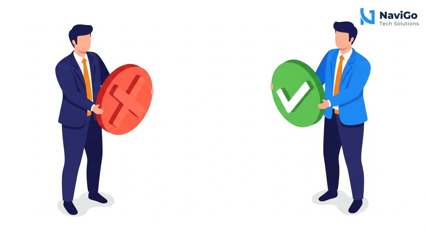 A professional 2-column comparison grid diagram showing Common AI Troubleshooting Mistakes vs Best Practices. Left column has red X icons with labels: 'Simple Tests Only', 'No Edge Cases', 'One-Time Check', 'Ignore Reports'. Right column has green checkmark icons with labels: 'Real Customer Scenarios', 'Include Edge Cases', 'Monthly Routine', 'Act on Reports'. Minimal modern flat design, high spacing and legible text, clean white background. Premium color scheme: deep navy blue, bright blue, green for success, red for failure.