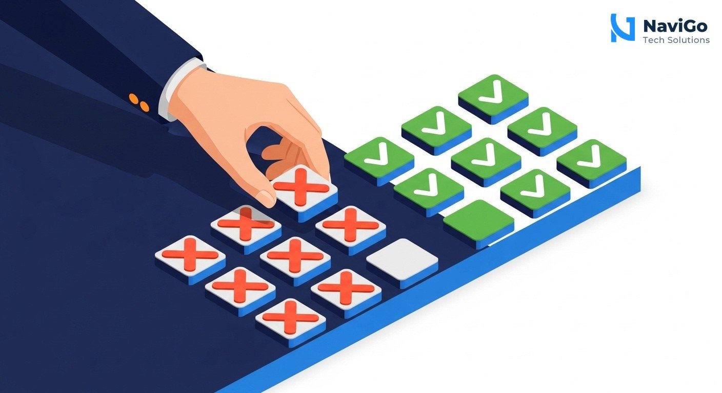 A professional 2-column comparison grid diagram on a clean white background. Left column has red X icons with correctly spelled labels: 'Long Paragraphs', 'Jargon Only', 'Old Content', 'No Schema', 'Generic Headings'. Right column has green checkmark icons with labels: 'Short Clear Sections', 'Simple Language', 'Regular Updates', 'Structured Data', 'Question as Heading'. Minimal modern flat design. Premium color scheme: deep navy blue background for headers, bright blue for column titles, red for mistakes, green for best practices. Highly spaced, legible text.