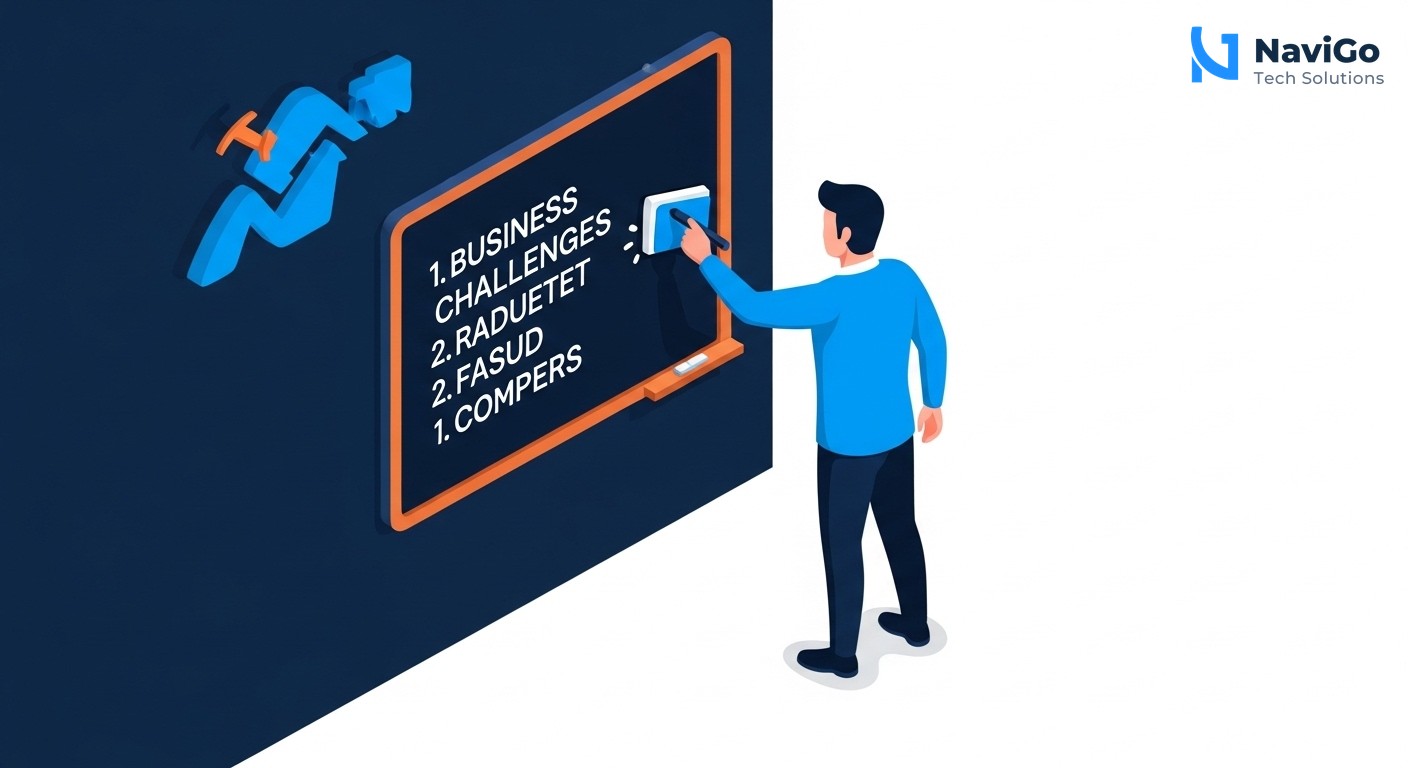 A clean modern infographic with a vertical list flow showing three reasons for business invisibility. Each reason has a colored circle icon on the left (deep navy blue, bright blue, and warm yellow). To the right of each icon is a bold header like '1. No Google Profile', '2. Inactive Social Media', '3. Slow Website', followed by a one-line description. The background is a clean minimal white. The overall look is professional and easy to scan.