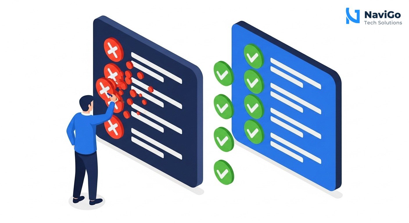 A professional 2-column comparison grid diagram showing Common Mistakes vs Best Practices. Left column has red X icons and correctly spelled labels like 'No Google Profile', 'Inactive Social Media', 'Slow Website', 'Unclear Bio'. Right column has green checkmark icons and labels like 'Claimed Profile', 'Active 3x/Week', 'Fast Mobile Site', 'Clear Description'. Minimal modern flat design, highly spaced and legible text, clean white background.