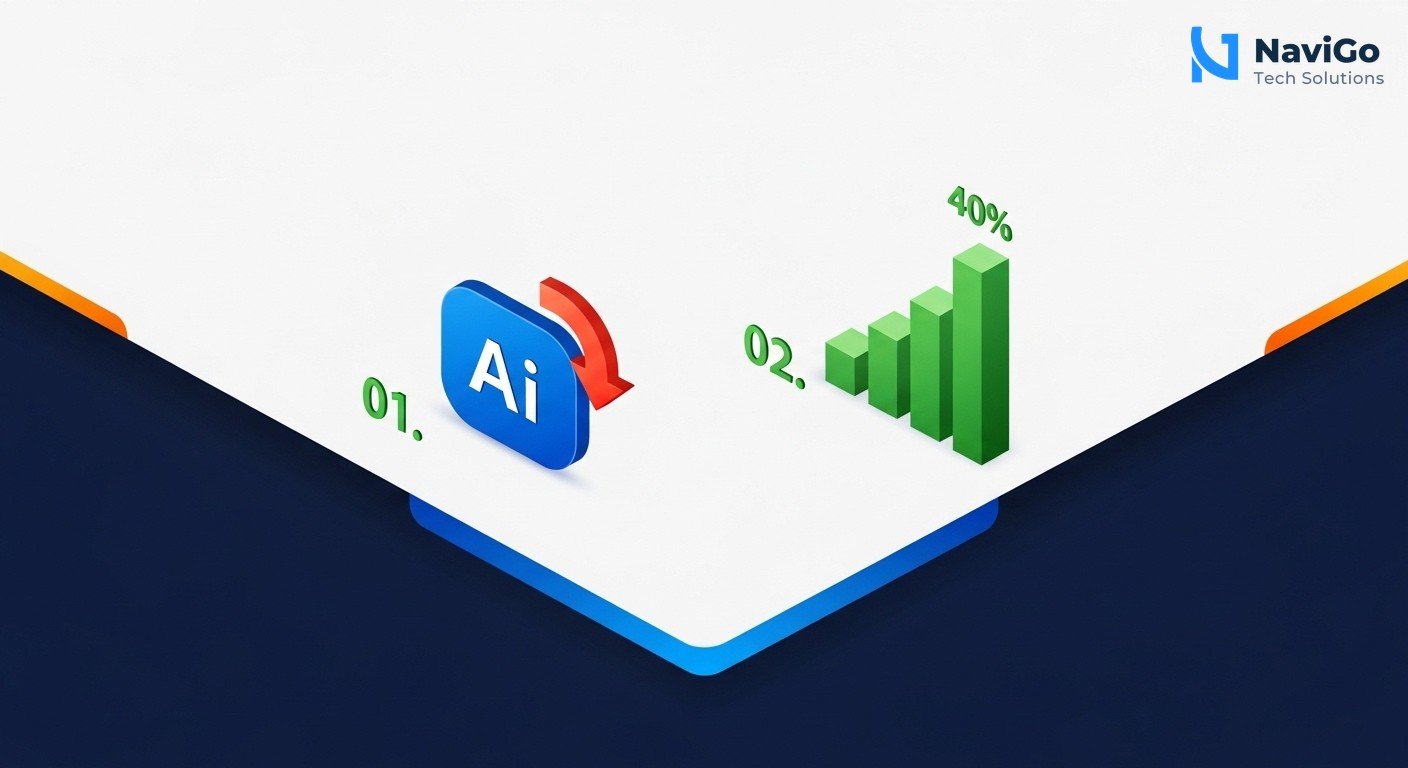 list-based infographic of why this matters, numbered colored icons, clean white background, premium colours. The four icons: 1. AI Overviews with a down arrow on click rate, 2. Competitor chart bar, 3. Clock with a speedometer, 4. Wallet with a dollar sign. Labels: 58% CTR drop, 40% traffic gain, 15 min vs 1 day, $29/month start. Professional green and blue palette.