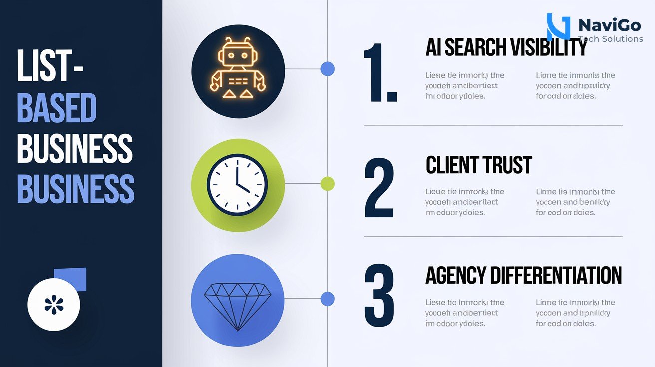 A modern list-based business infographic showing why the right blog topics matter in 2026. Left side shows three colored circular icons: a glowing robot for AI Search, a clock for Busy Clients, and a diamond for Market Differentiation. Right side has bold correct headers: '1. AI Search Visibility', '2. Client Trust', '3. Agency Differentiation', each followed by a short clean text description. Minimal white background with deep navy blue and bright blue color scheme.