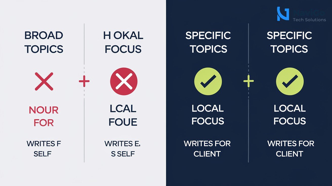 A professional 2-column comparison grid diagram showing Common Mistakes vs Best Practices. Left column has red X icons and correctly spelled labels like 'Broad Topics', 'No Local Focus', 'Writes for Self'. Right column has green checkmark icons and labels like 'Specific Topics', 'Local Focus', 'Writes for Client'. Each pair has a short clean text line below. Minimal modern flat design with deep navy, bright blue, and red/green accents on white background.