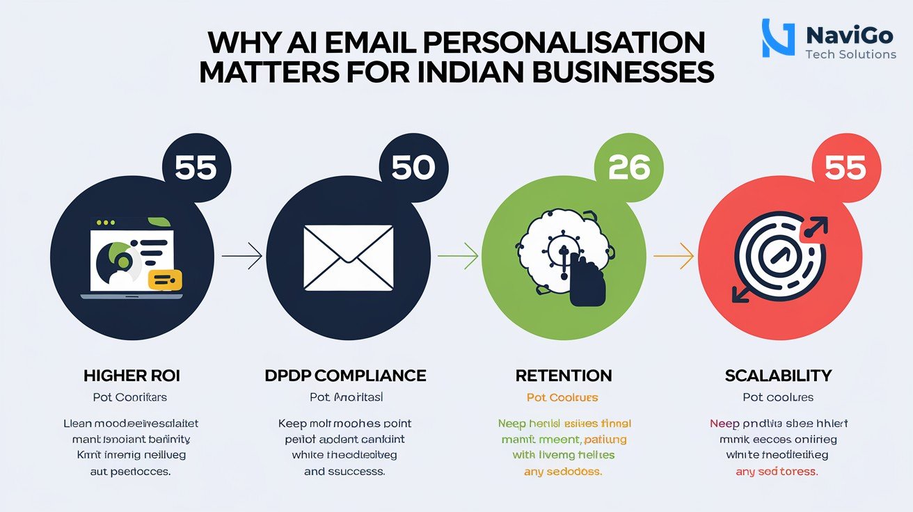 list-based infographic of why AI email personalisation matters for Indian businesses, numbered colored icons for higher ROI, DPDP compliance, retention, and scalability, clean white background, premium colours.