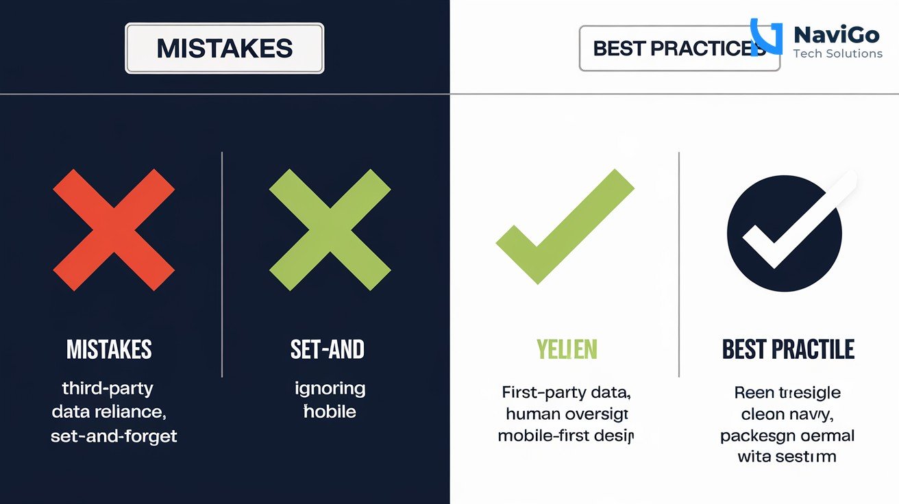 2-column comparison grid, Mistakes (red X) including third-party data reliance, set-and-forget, ignoring mobile, vs Best Practices (green check) like first-party data, human oversight, mobile-first design, clean white background.