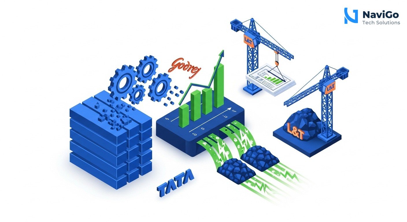 list-based infographic of 5 Indian companies using AI for productivity, numbered icons with Godrej, L&T, Vedanta, Tata Steel, Suzano, clean white background with premium blue and green colours, short labels showing productivity uplift percentages.