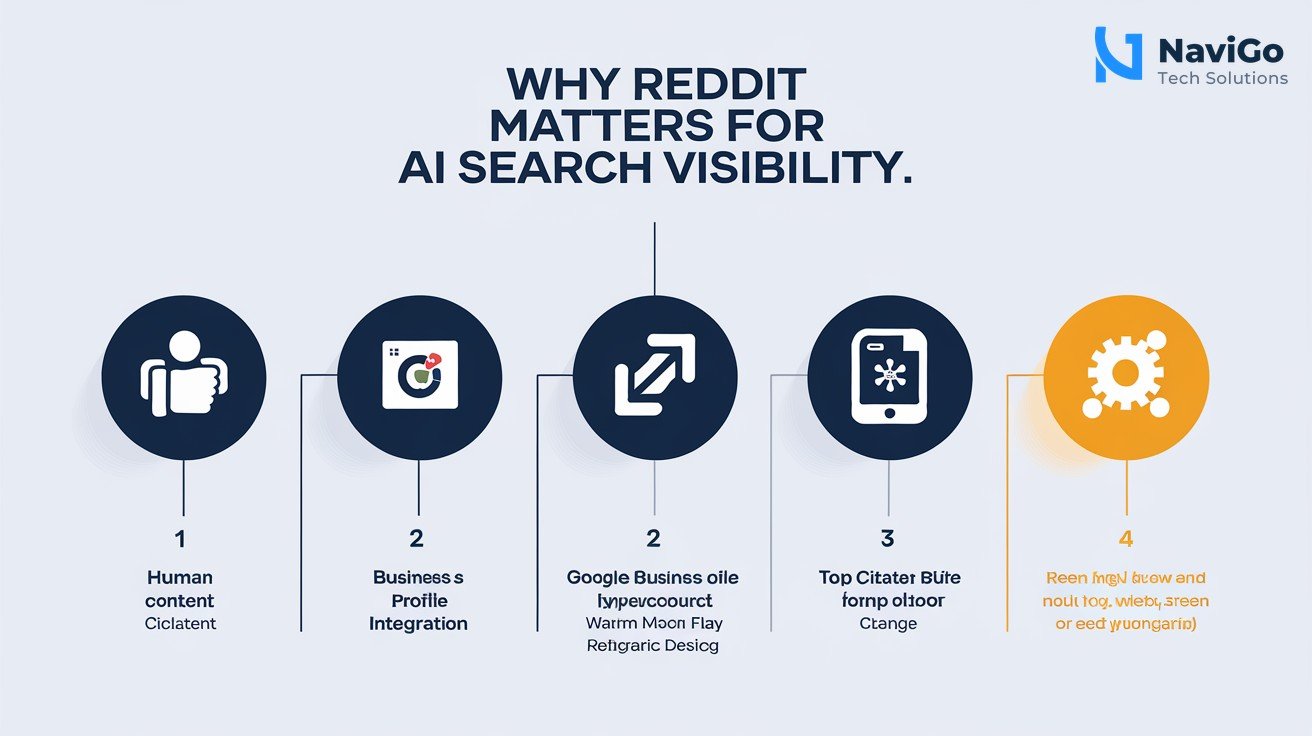 list-based infographic of why Reddit matters for AI search visibility, numbered icons showing 1. Human content 2. Google Business Profile integration 3. Top citation source, clean white background, premium blue and orange colours