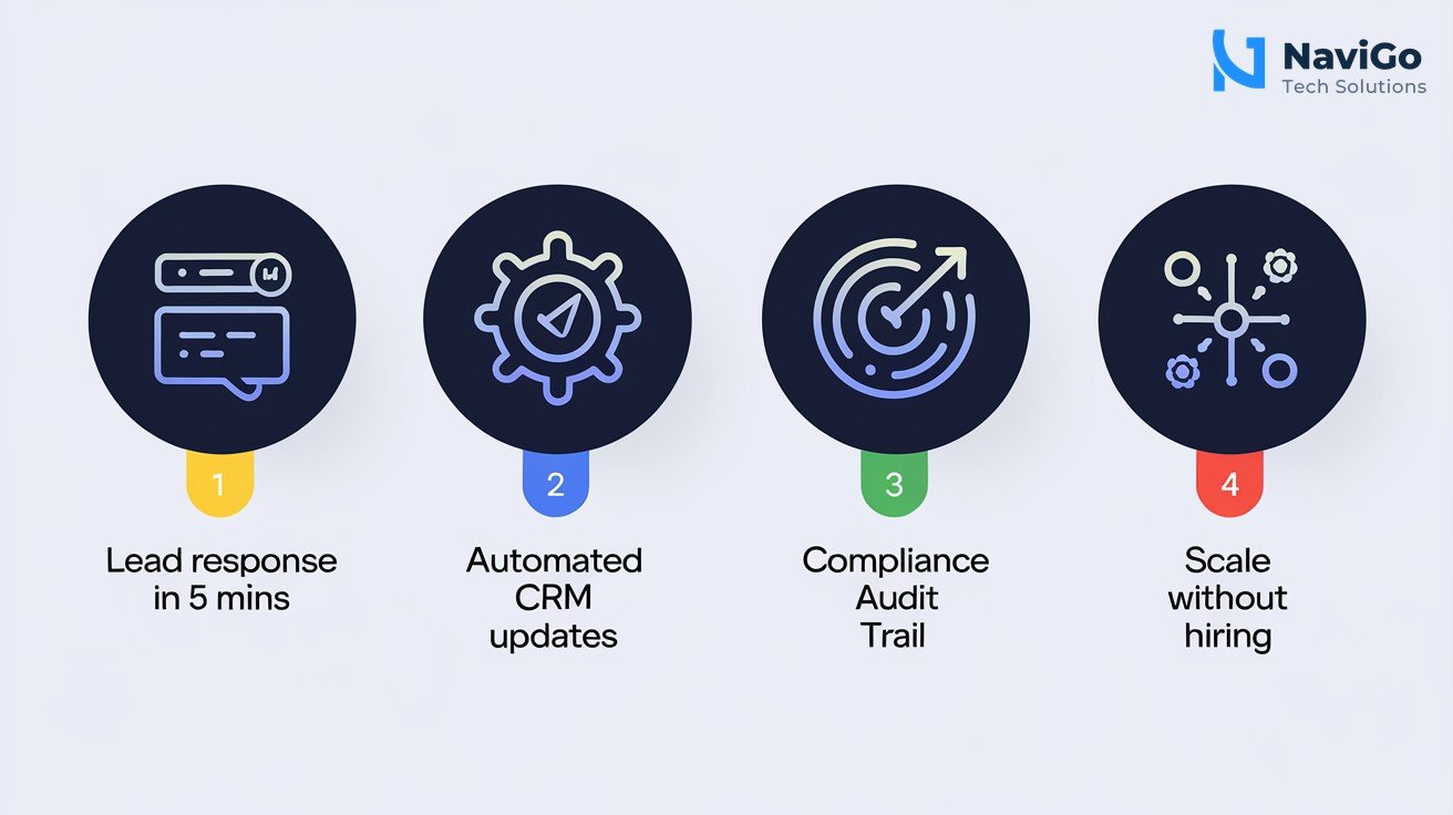 list-based infographic with 4 numbered icons on a clean white background showing: 1. Lead Response in 5 mins 2. Automated CRM Updates 3. Compliance Audit Trail 4. Scale Without Hiring. Each icon is a simple circle with a premium blue gradient, with short legible labels underneath. Title: Why Amazon Quick Agentic AI Works for Indian Sales Teams