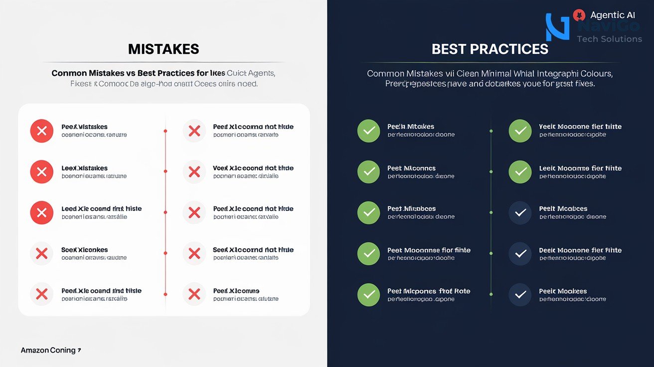 2-column comparison grid on a clean white background. Left column: Mistakes (red X icons) listing the 4 mistakes with short text. Right column: Best Practices (green check icons) listing the corresponding fixes. Both columns have a subtle border and premium professional colours (red for mistakes, green for fixes). Title: Common Mistakes vs Best Practices for Amazon Quick Agentic AI