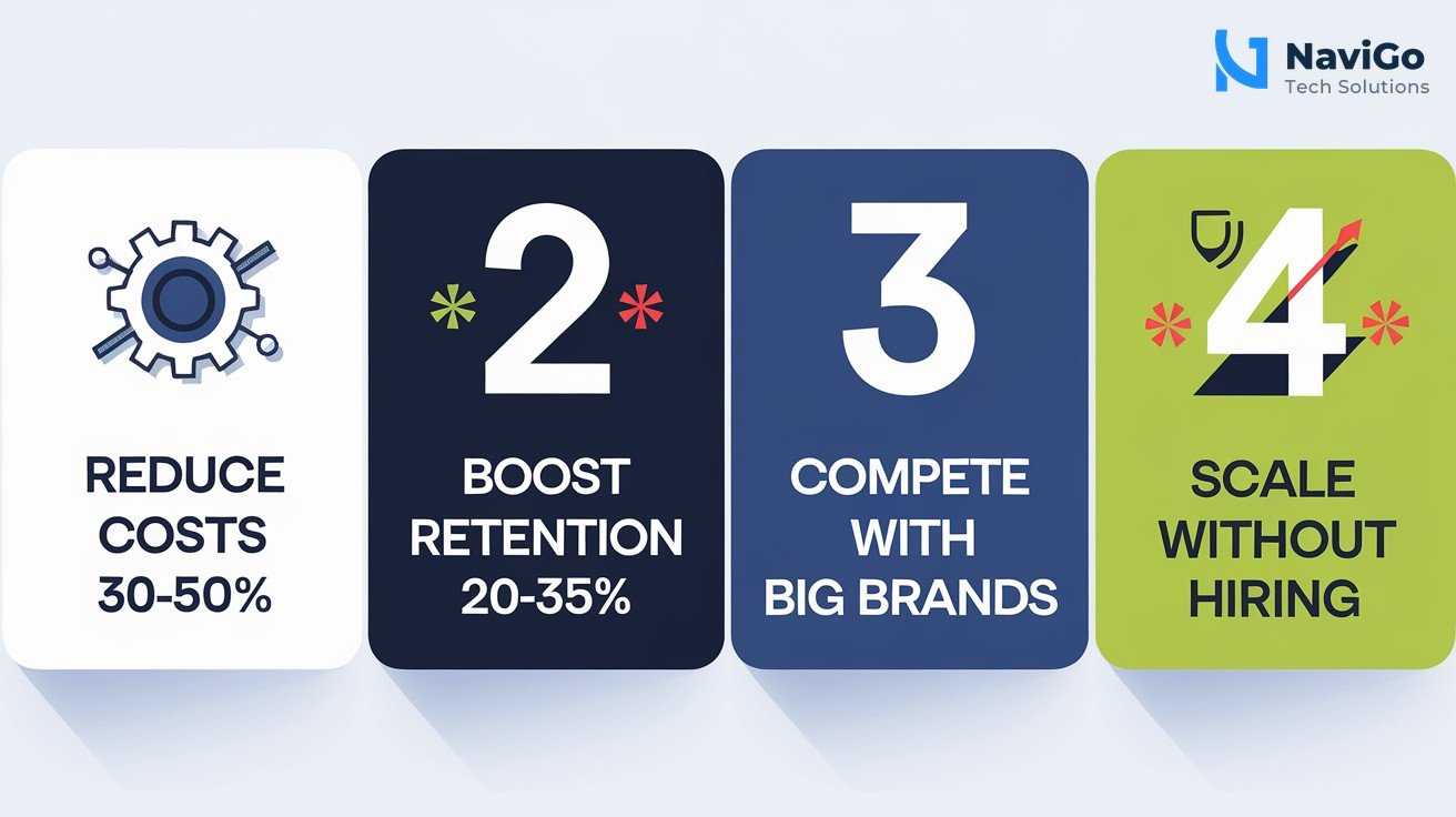 list-based infographic with 4 numbered cards on a clean white background. Each card has a premium blue-grey icon: Card 1 'Reduce Costs 30-50%', Card 2 'Boost Retention 20-35%', Card 3 'Compete with Big Brands', Card 4 'Scale Without Hiring'. Minimal text, professional colours.