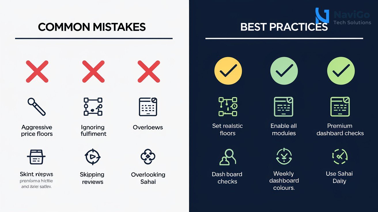 2-column comparison grid on a white background. Left column: 'Common Mistakes' with red X icons - Aggressive Price Floors, Ignoring Fulfilment, Skipping Reviews, Overlooking SahAI. Right column: 'Best Practices' with green check icons - Set Realistic Floors, Enable All Modules, Weekly Dashboard Checks, Use SahAI Daily. Premium professional colours.