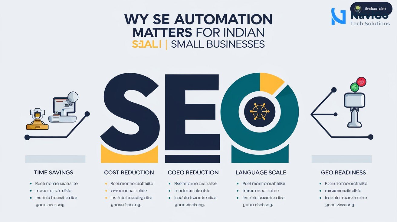 list-based infographic of why SEO automation matters for Indian small businesses, numbered colored icons (Time Savings, Cost Reduction, Language Scale, GEO Readiness), clean white background, premium corporate colours like navy blue and teal.